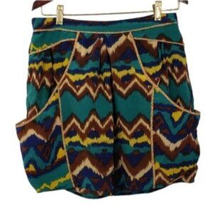 Gemma Silk Mini Skirt South Western Aztec Pattern Pockets Medium